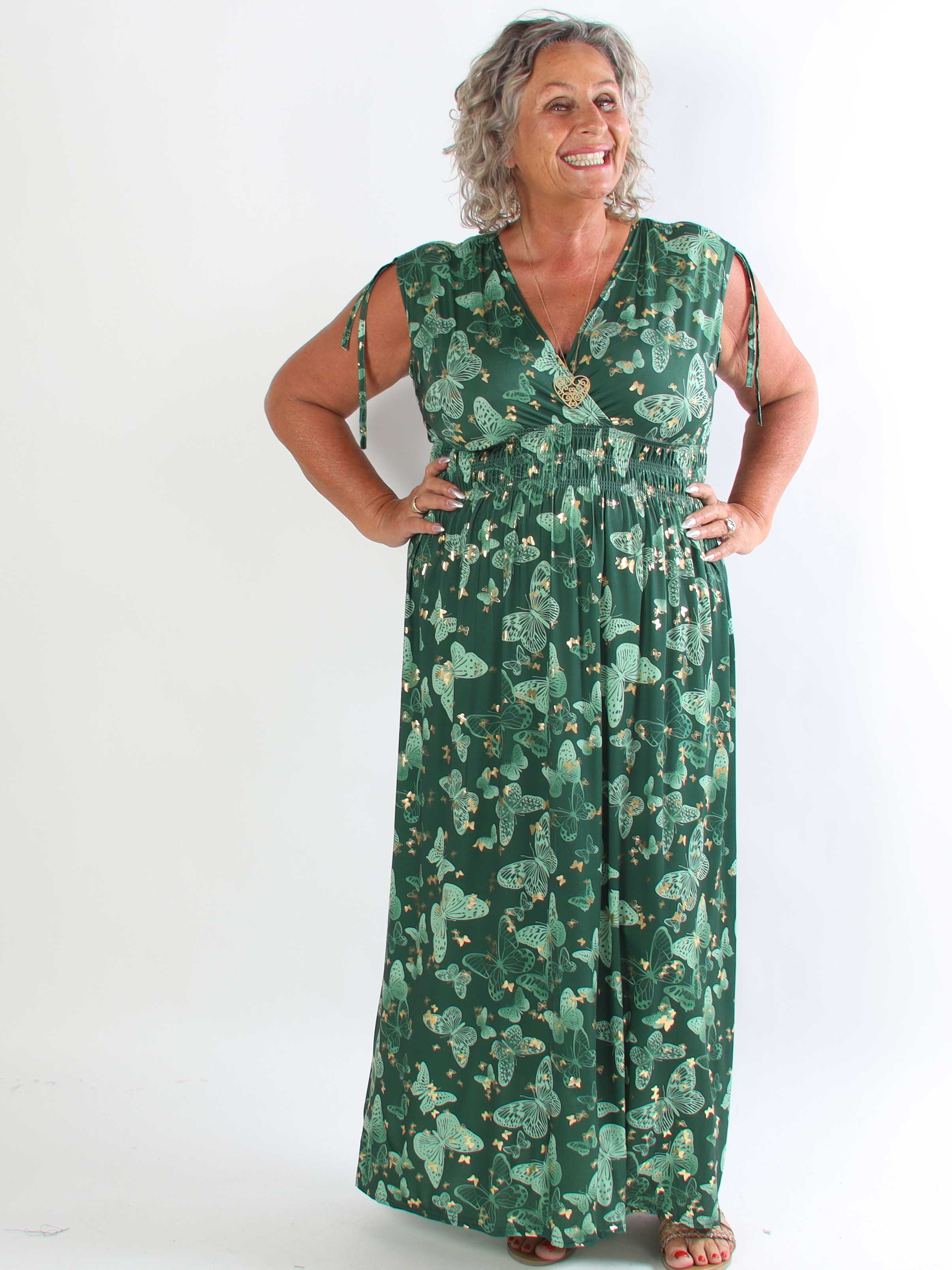 Pams Butterfly Sleeveless - Lang plus size kjole med sommerfugleprint og gulddetaljer